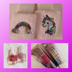 3 PC LOT Slippers Polish Lotion RAINBOW Unicorn Sequins Pink SPARKLE New!!